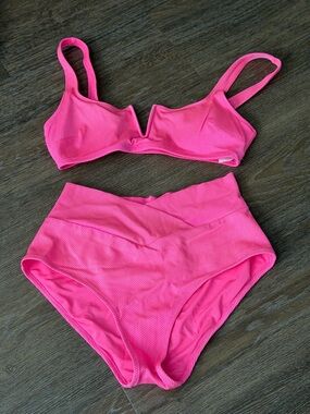 aerie Hot Pink Textured High-Waist Bikini Set